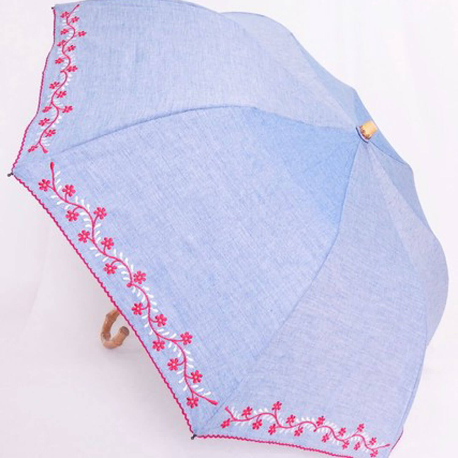 晴雨兼用折りたたみ傘 裾花柄刺繍 デニム風 | テガミヤ